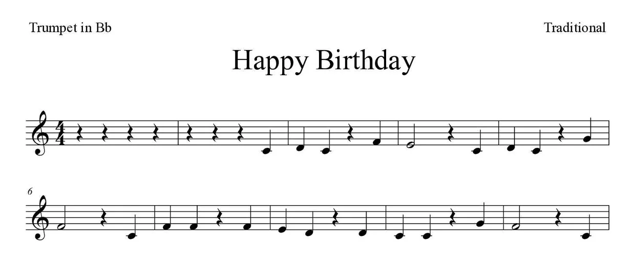 Noten von Happy Birthday für Trompete in B (Einfach), erste Zeilen