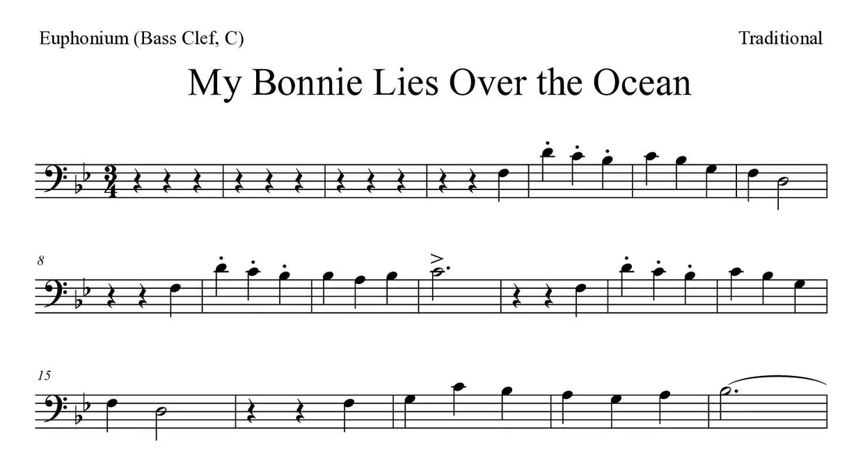 Partitura de My Bonnie Lies Over the Ocean para bombardino (clave de Fa, C), primeras líneas