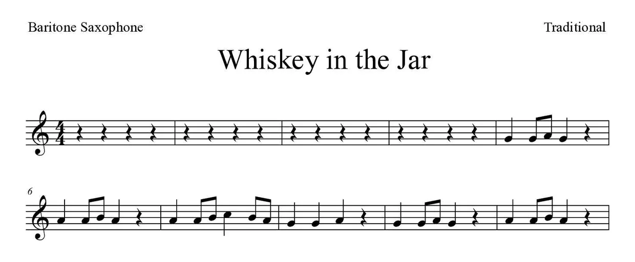 Partitura de Whiskey in the Jar para saxofone barítono, primeiras linhas
