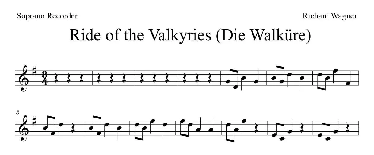 Sheet music of Ride of the Valkyries (Die Walküre) for recorder (Medium), first lines
