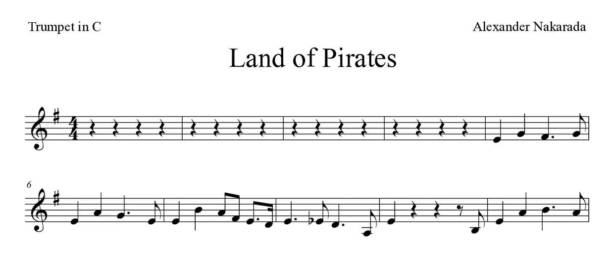 Partitura de Land of Pirates para trompeta en Do, primeras líneas