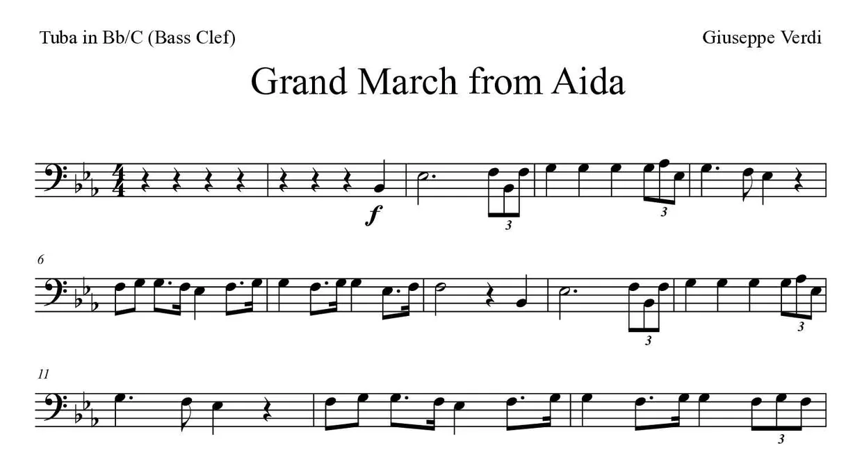 Partitura de Grand March from Aida para tuba em Sib/Do (clave de Fa), primeiras linhas