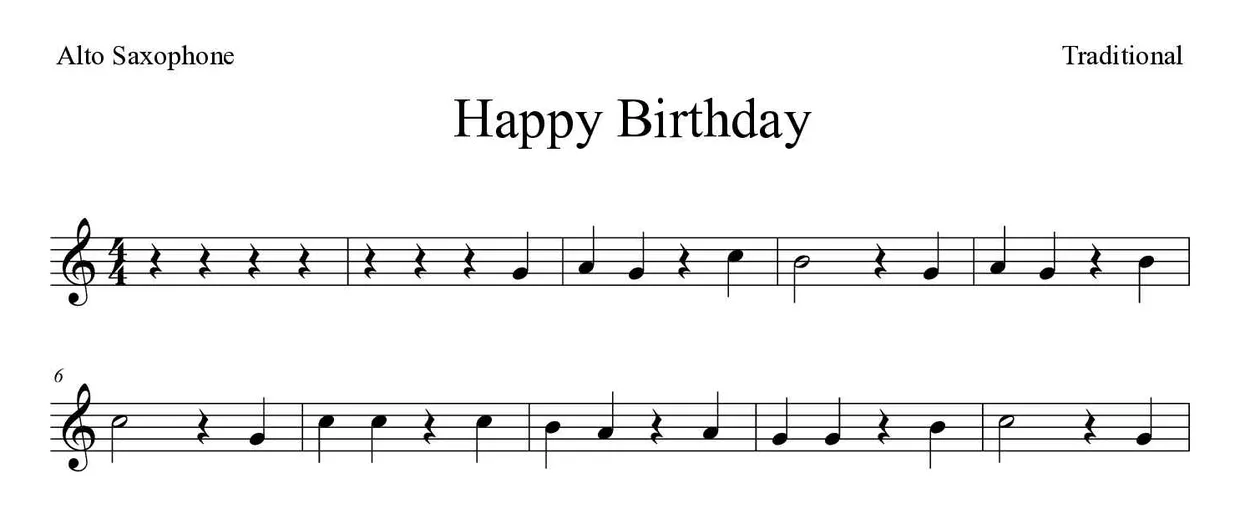Partitura de Happy Birthday para alto saxofone, primeiras linhas