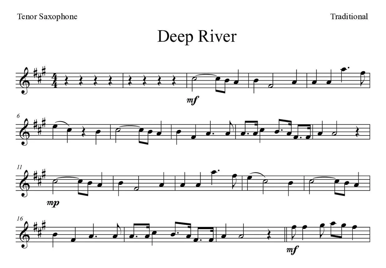 Spartito di Deep River per tenor saxophone, prime righe