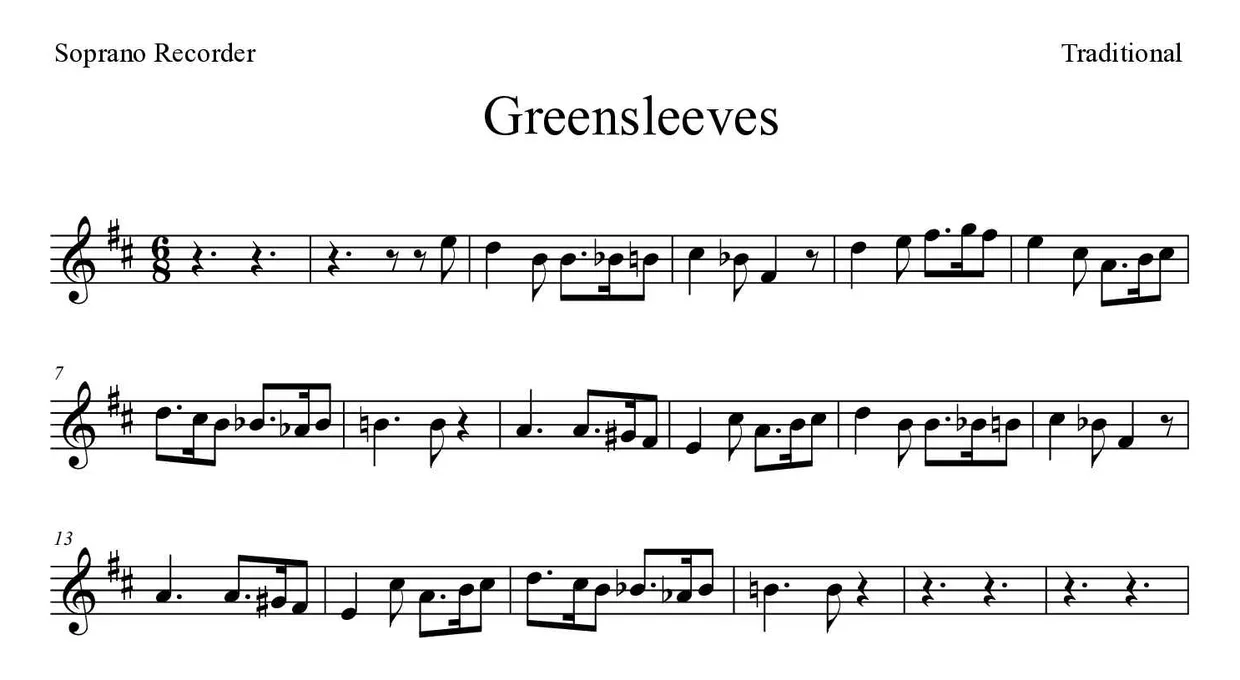 Partition de Greensleeves pour flûte à bec, premières lignes
