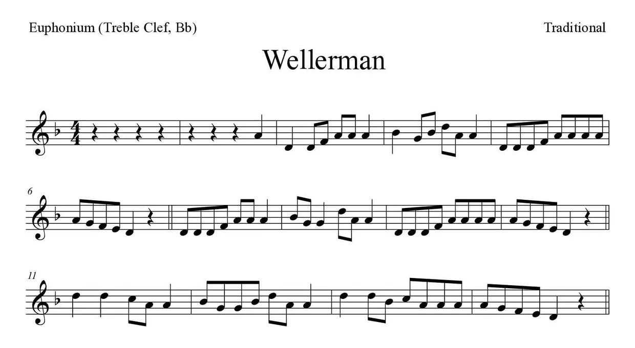 ‘Wellerman’ Euphonium (Treble Clef, Bb) 악보의 첫 몇 줄