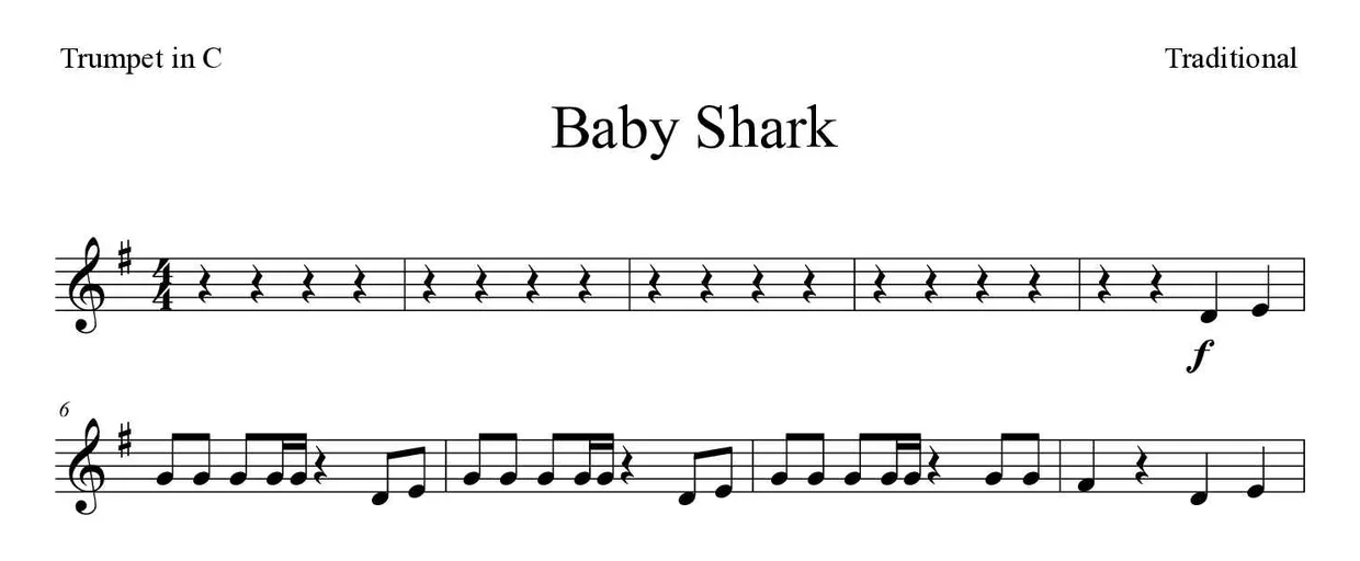 Partitura de Baby Shark para trompete em Do, primeiras linhas