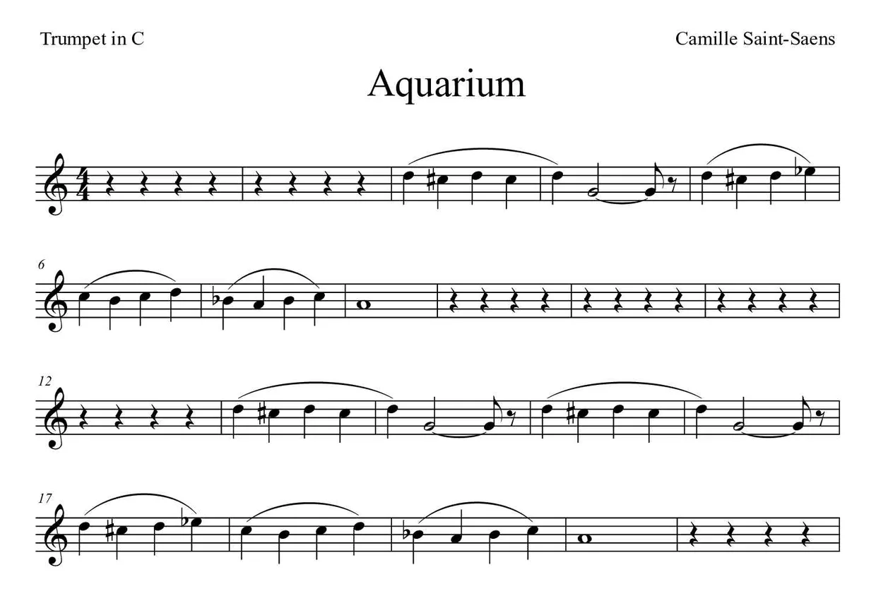 Partitura de Aquarium para trompeta en Do, primeras líneas