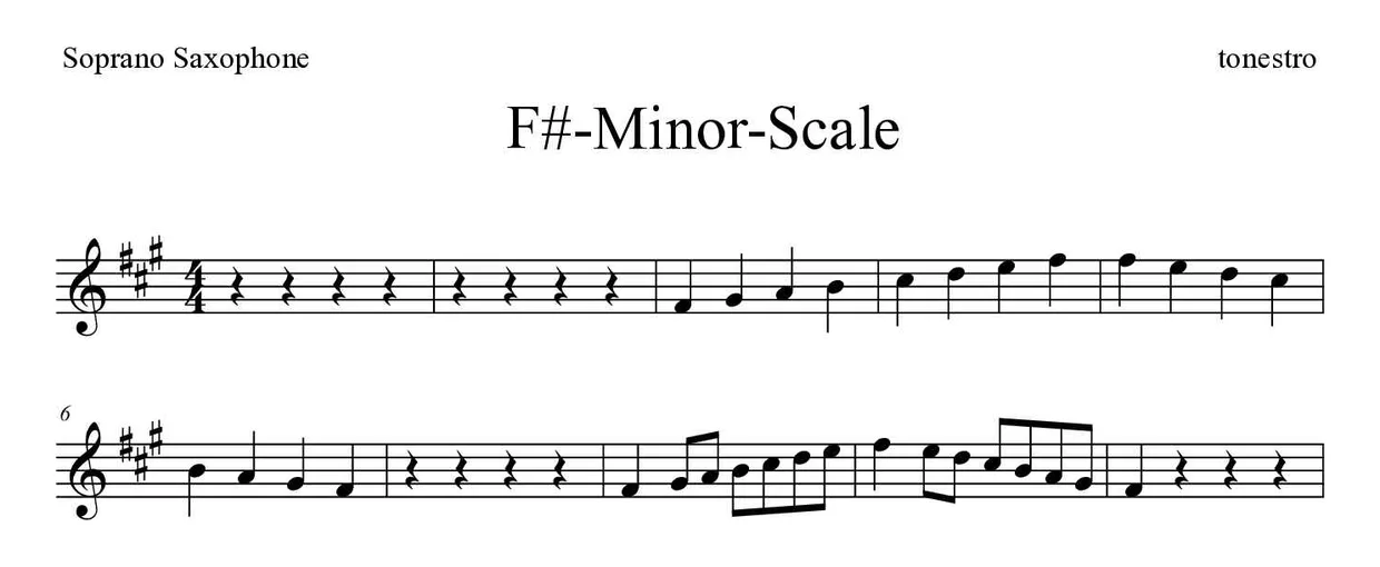 Bladmuziek van F#-Minor-Scale voor soprano saxophone, eerste regels