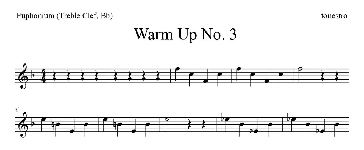 Partitura de Warm Up No. 3 para eufónio (clave de Sol, Sib), primeiras linhas