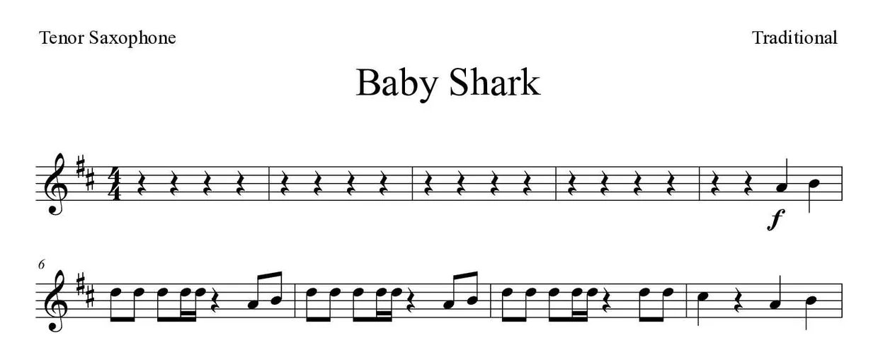 ‘Baby Shark’ Tenor Saxophone 악보의 첫 몇 줄