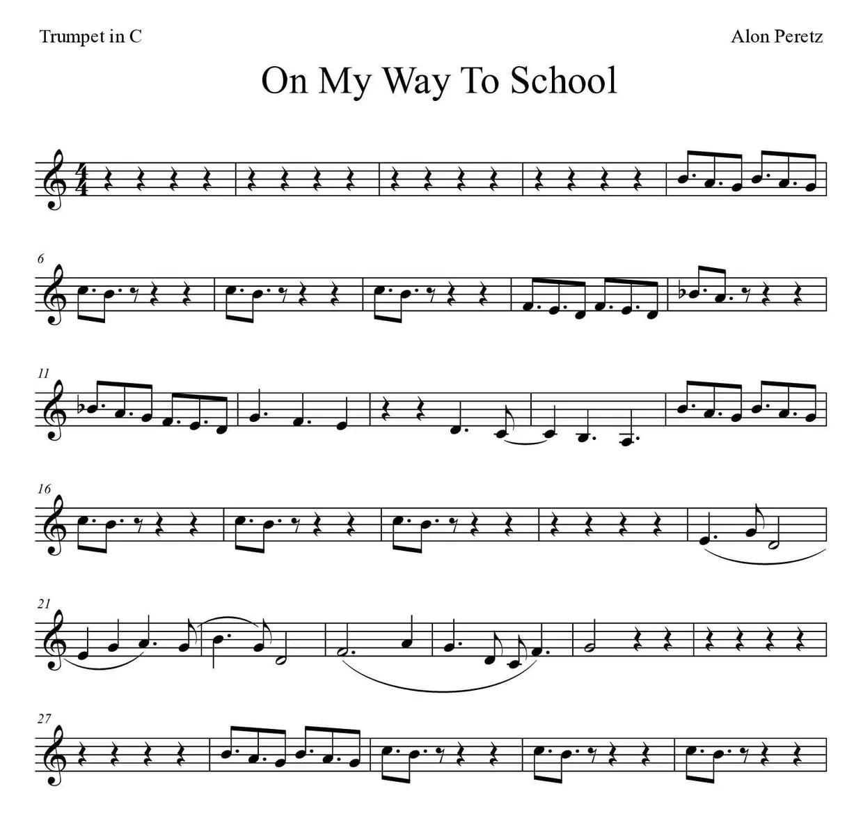 ‘On My Way To School’ Trumpet in C 악보의 첫 몇 줄