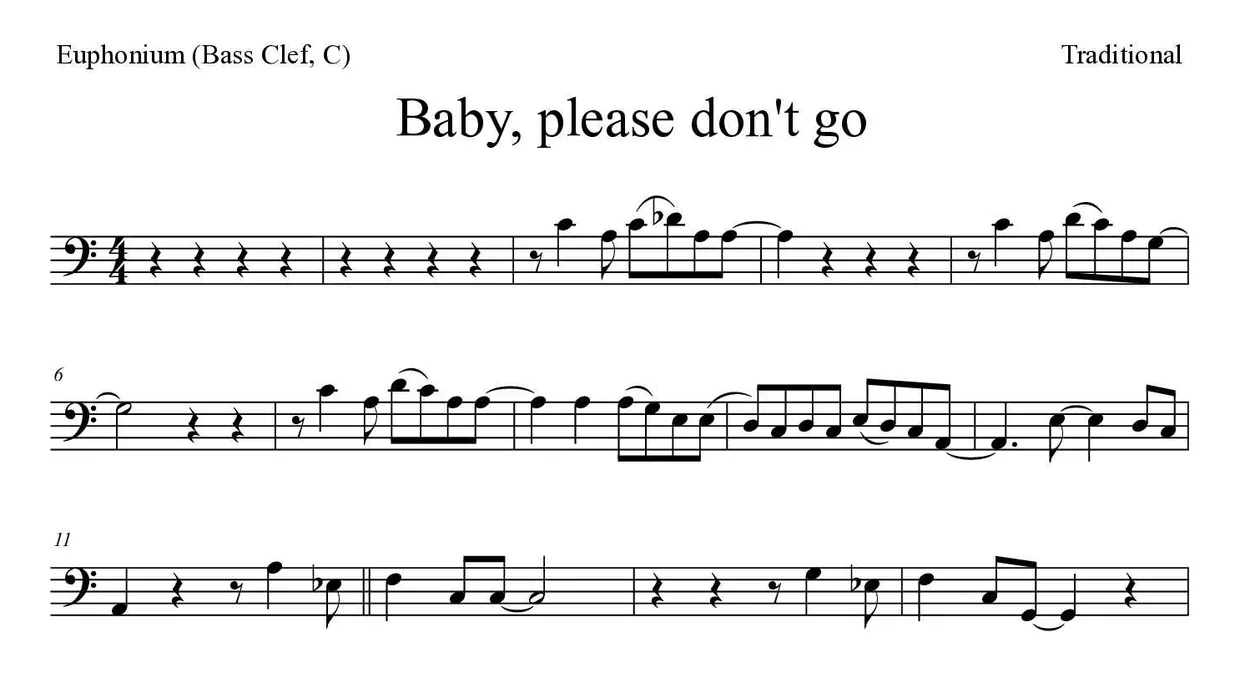「Baby, please don't go」Euphonium (Bass Clef, C)用楽譜の最初の数段
