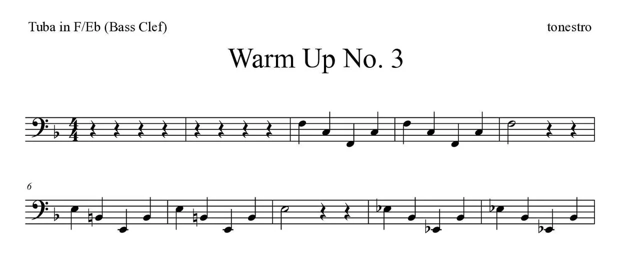 ‘Warm Up No. 3’ Tuba in F/Eb (Bass Clef) 악보의 첫 몇 줄