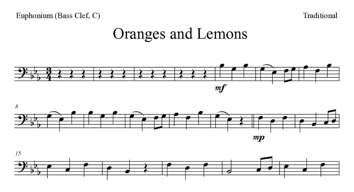 ‘Oranges and Lemons’ Euphonium (Bass Clef, C) 악보의 첫 몇 줄