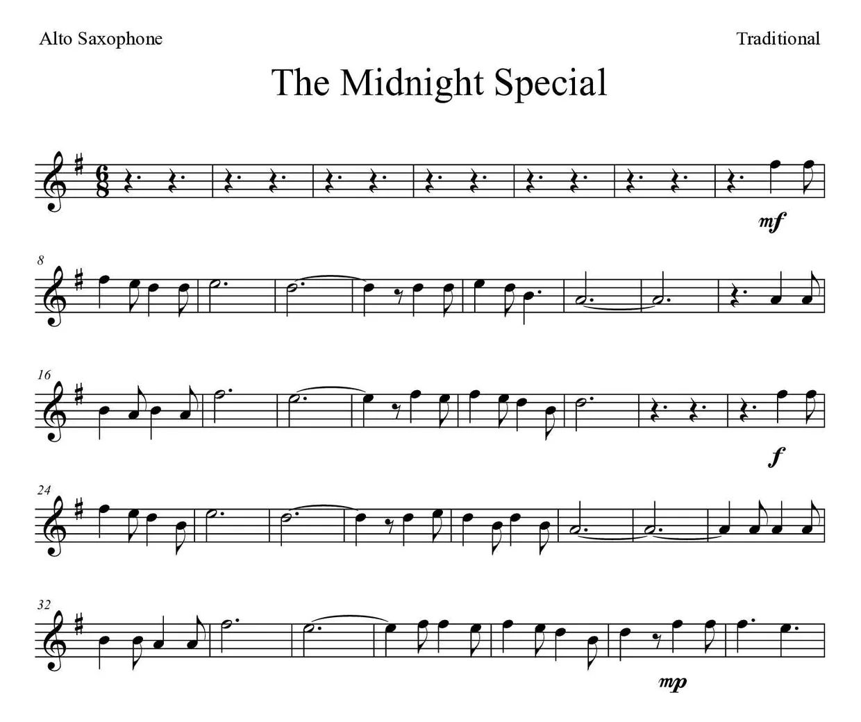 Partitura de The Midnight Special para saxofón alto, primeras líneas
