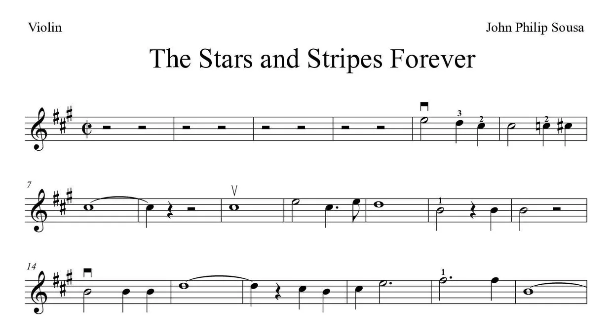 Sheet music of The Stars and Stripes Forever for violin (Hard), first lines