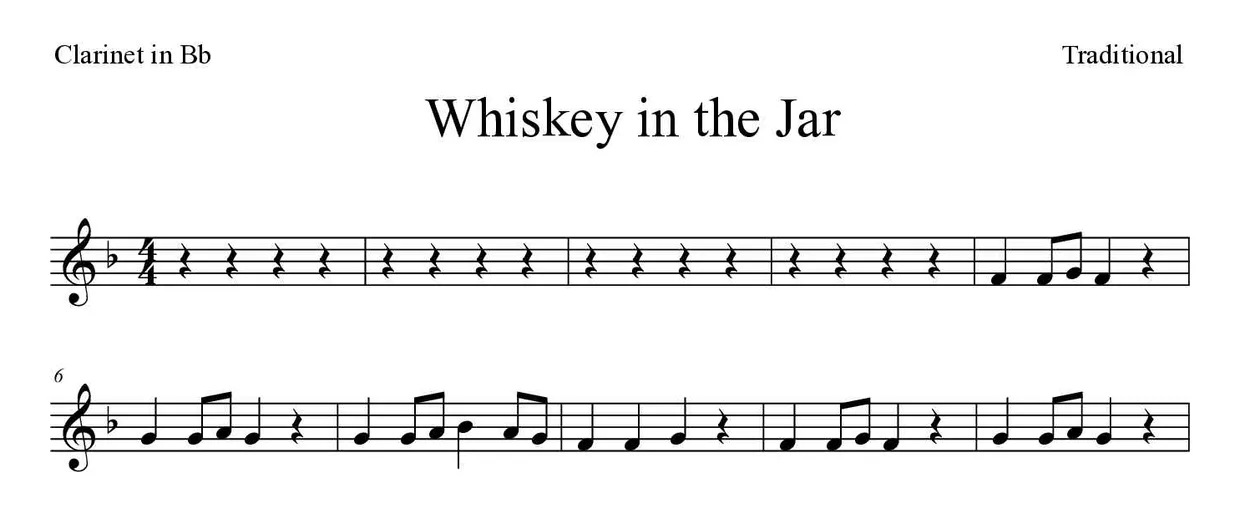 Noten von Whiskey in the Jar für Klarinette (Einfach), erste Zeilen