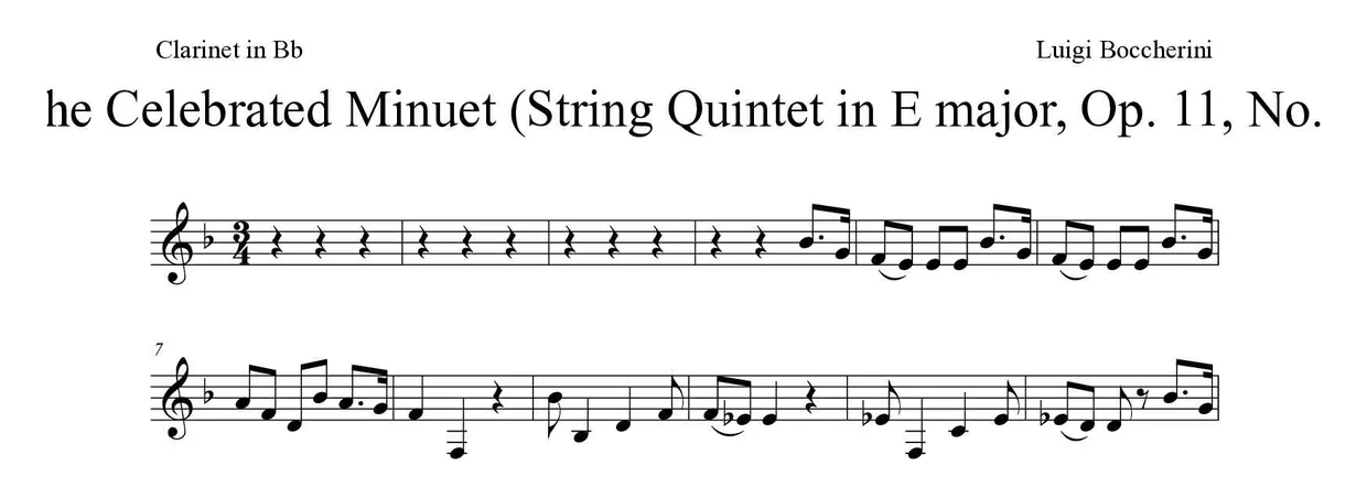 Bladmuziek van The Celebrated Minuet (String Quintet in E major, Op. 11, No. 5) voor clarinet, eerste regels