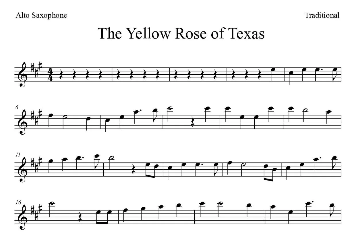 Partition de The Yellow Rose of Texas pour saxophone alto, premières lignes