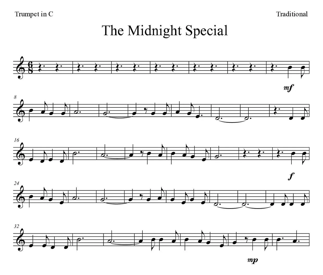 Partitura de The Midnight Special para trompete em Do, primeiras linhas
