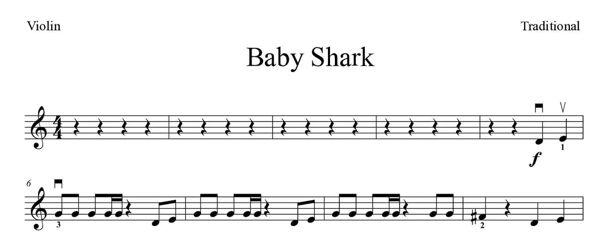 Partitura de Baby Shark para violín, primeras líneas