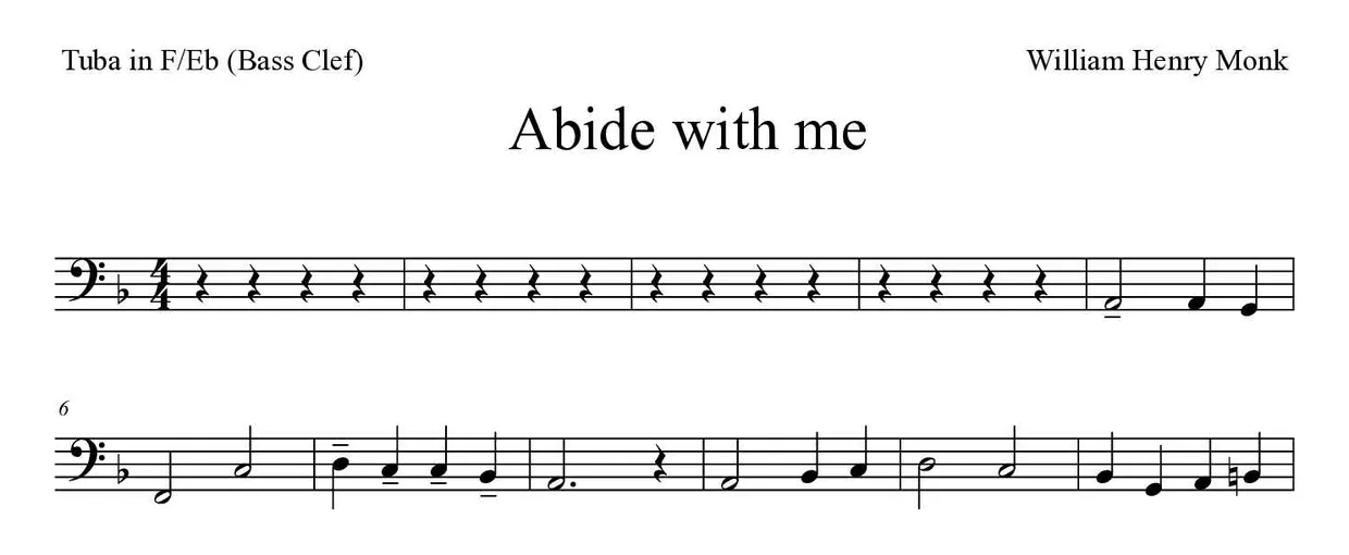 Sheet music of Abide with me for tuba in F/Eb (bass clef) (Medium), first lines