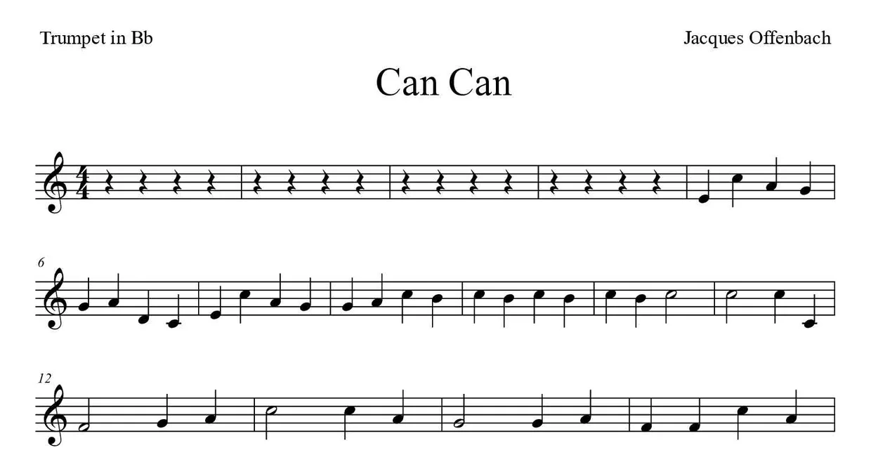 Sheet music of Can Can for trumpet in Bb (Easy), first lines