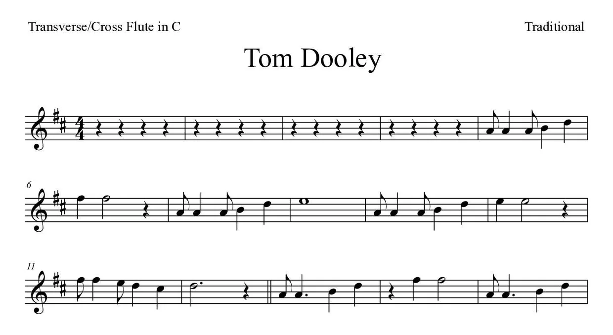 ‘Tom Dooley’ Flute 악보의 첫 몇 줄