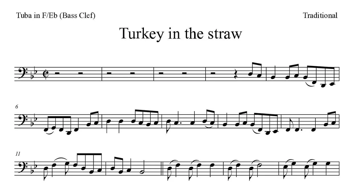 《Turkey in the straw》F/Eb大号(低音谱号)乐谱前几行