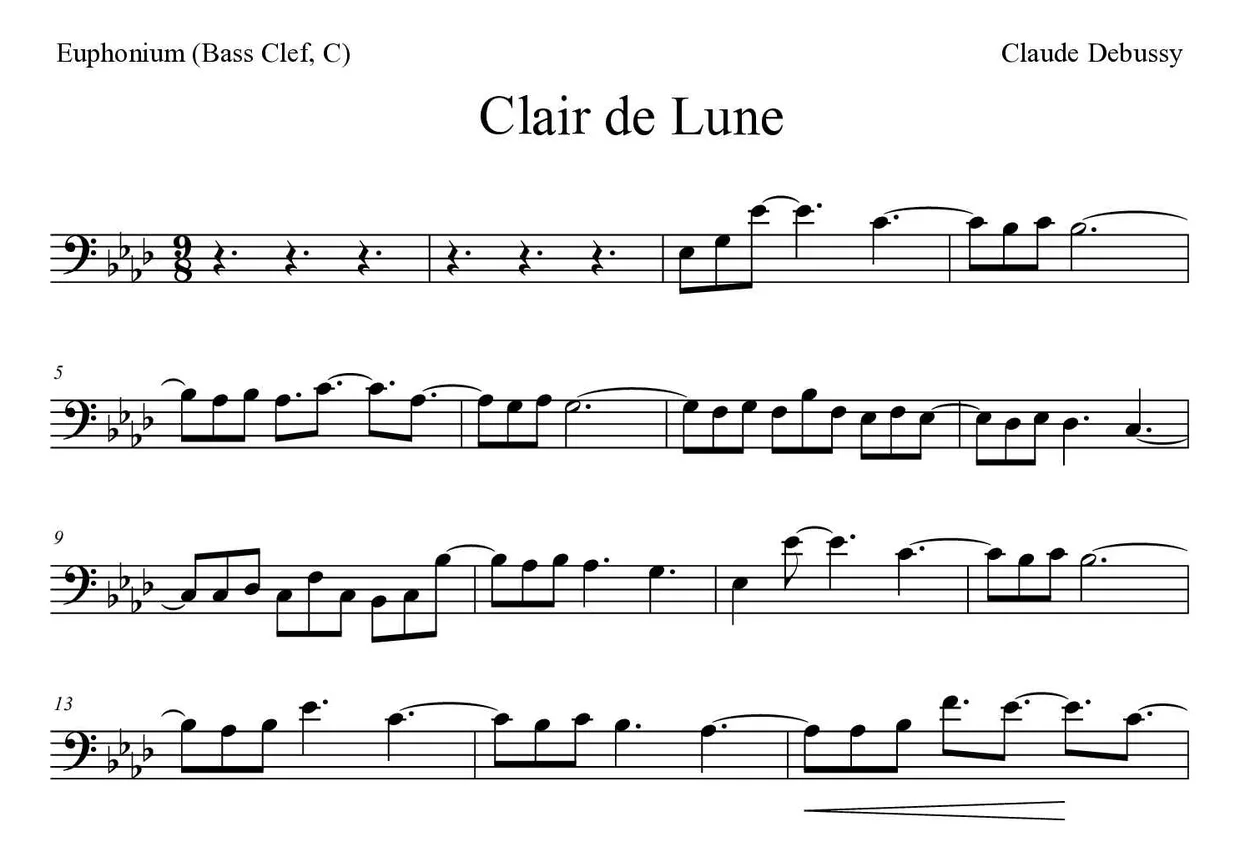 Partitura de Clair de Lune para eufónio (clave de Fa, C), primeiras linhas