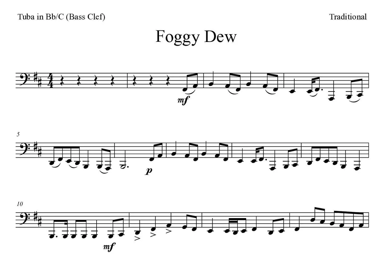 Partitura de Foggy Dew para tuba em Sib/Do (clave de Fa), primeiras linhas