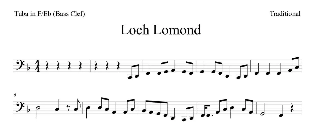 Partitura de Loch Lomond para tuba em Fá/Mib (clave de Fa), primeiras linhas