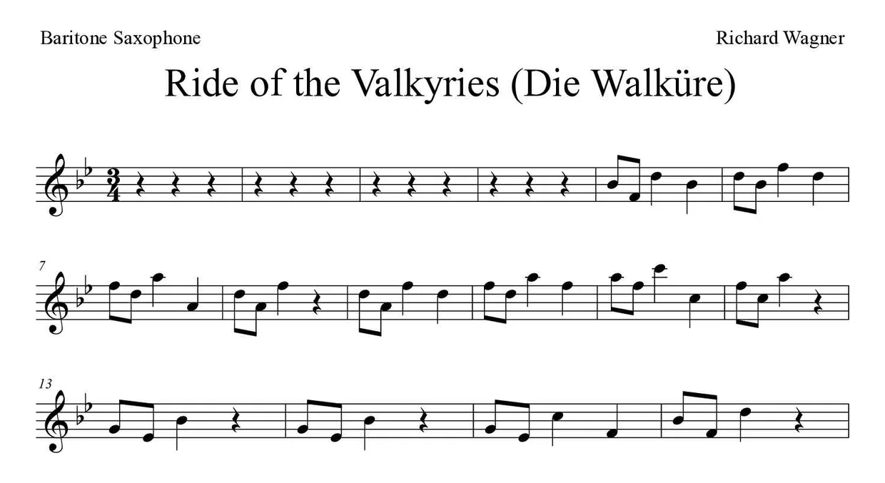 Noten von Ritt der Walküren für Baritonsaxophon (Mittel), erste Zeilen