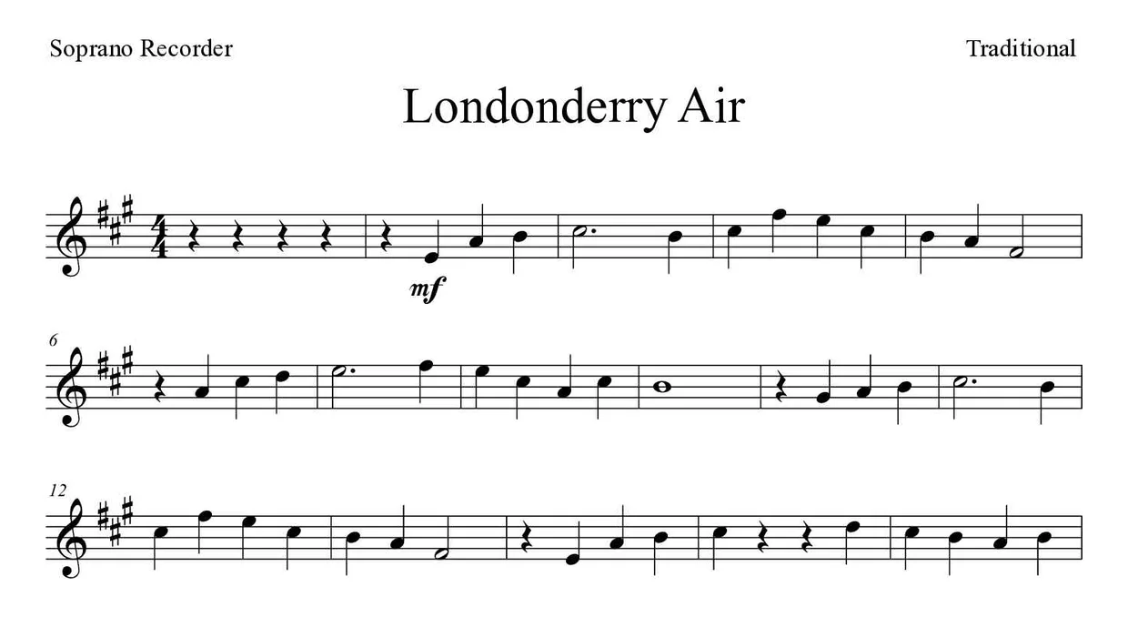 Noten von Londonderry Air für Blockflöte (Schwer), erste Zeilen