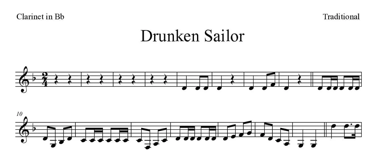 Spartito di Drunken Sailor per clarinet, prime righe