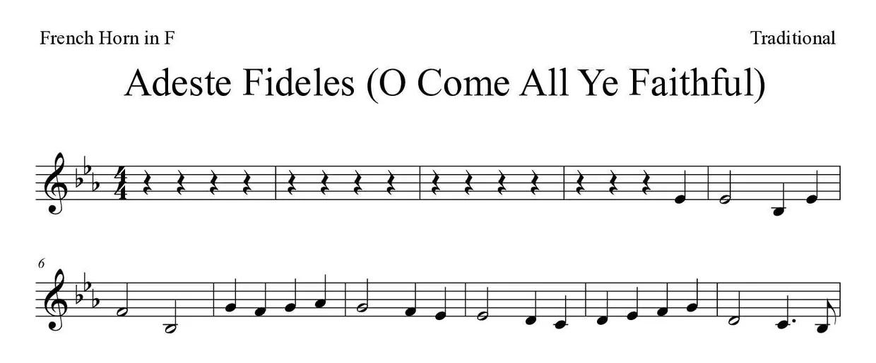 Spartito di Adeste Fideles (O Come All Ye Faithful) per French horn, prime righe
