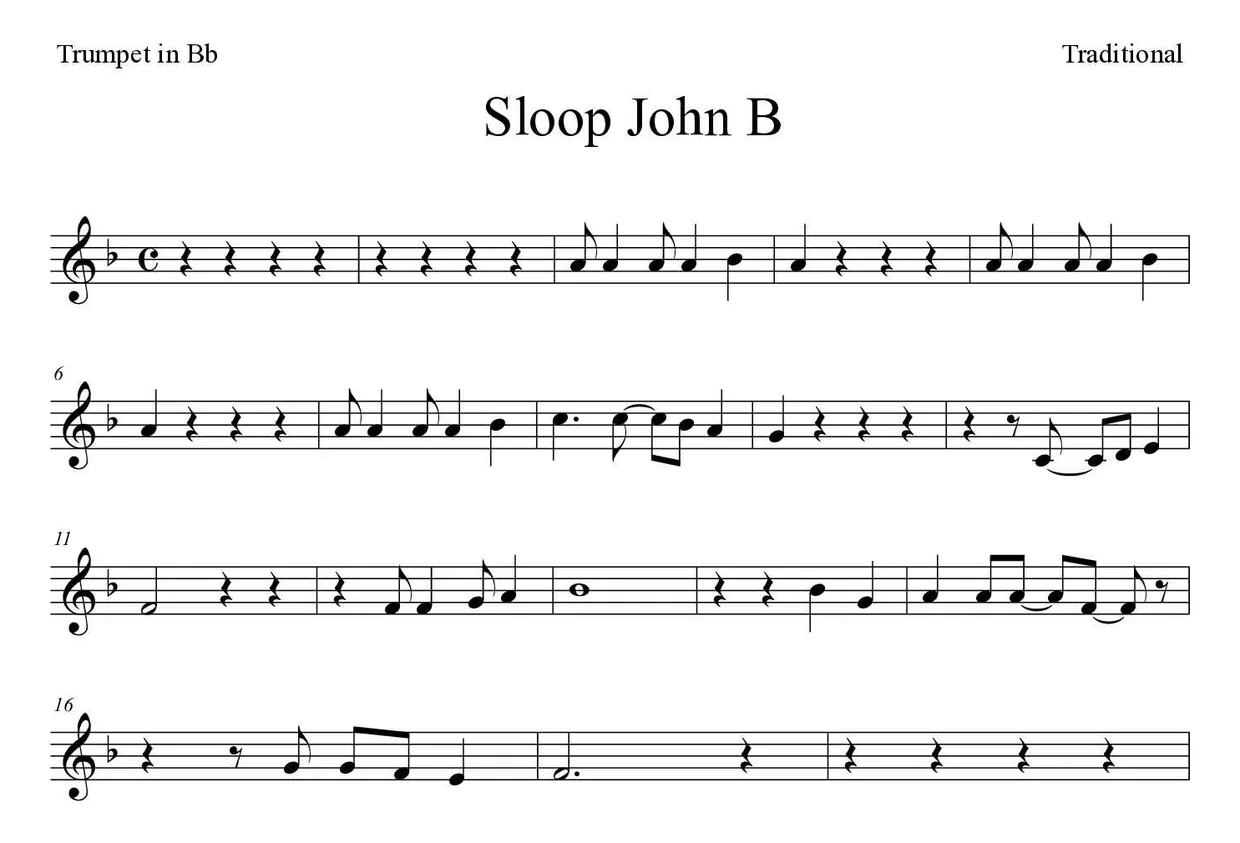 「Sloop John B」Trumpet in Bb用楽譜の最初の数段