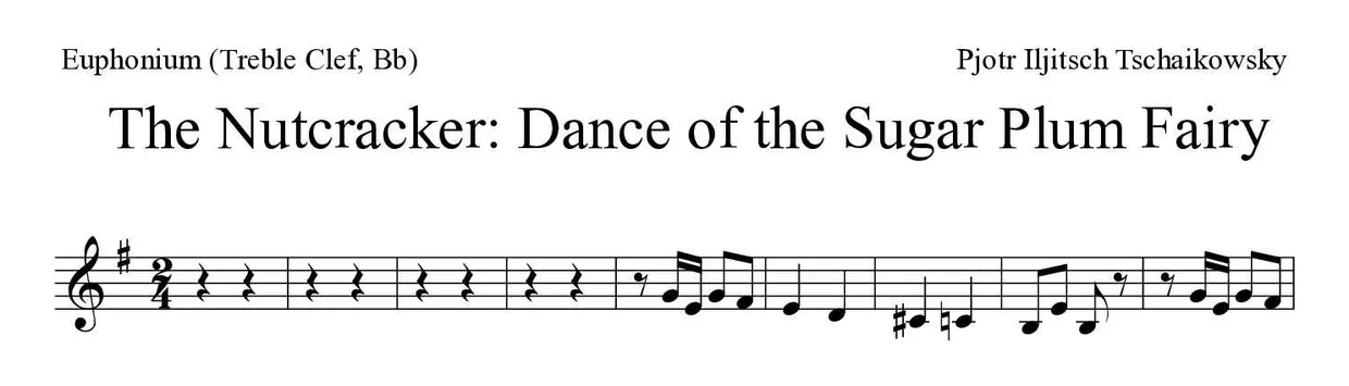 「The Nutcracker: Dance of the Sugar Plum Fairy」Euphonium (Treble Clef, Bb)用楽譜の最初の数段