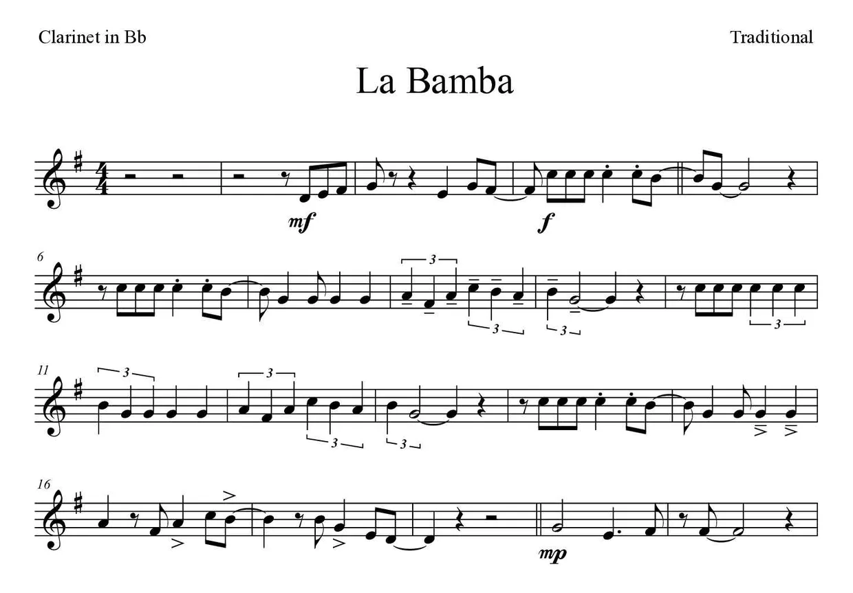 Partitura de La Bamba para clarinete, primeras líneas