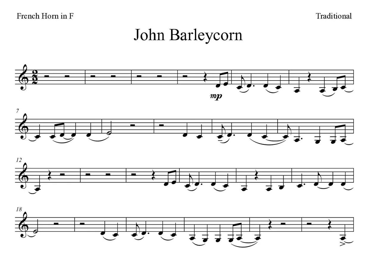 ‘John Barleycorn’ French Horn 악보의 첫 몇 줄