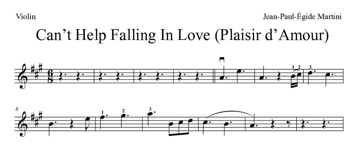 Partitura de Can’t Help Falling In Love (Plaisir d’Amour) para violino, primeiras linhas