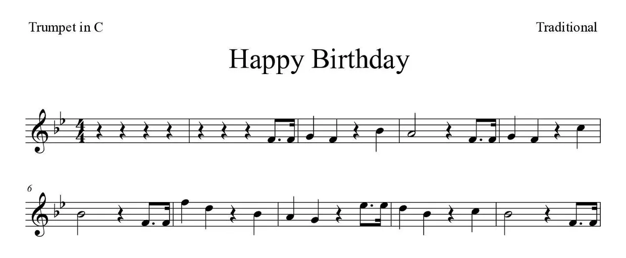 ‘Happy Birthday’ Trumpet in C 악보의 첫 몇 줄
