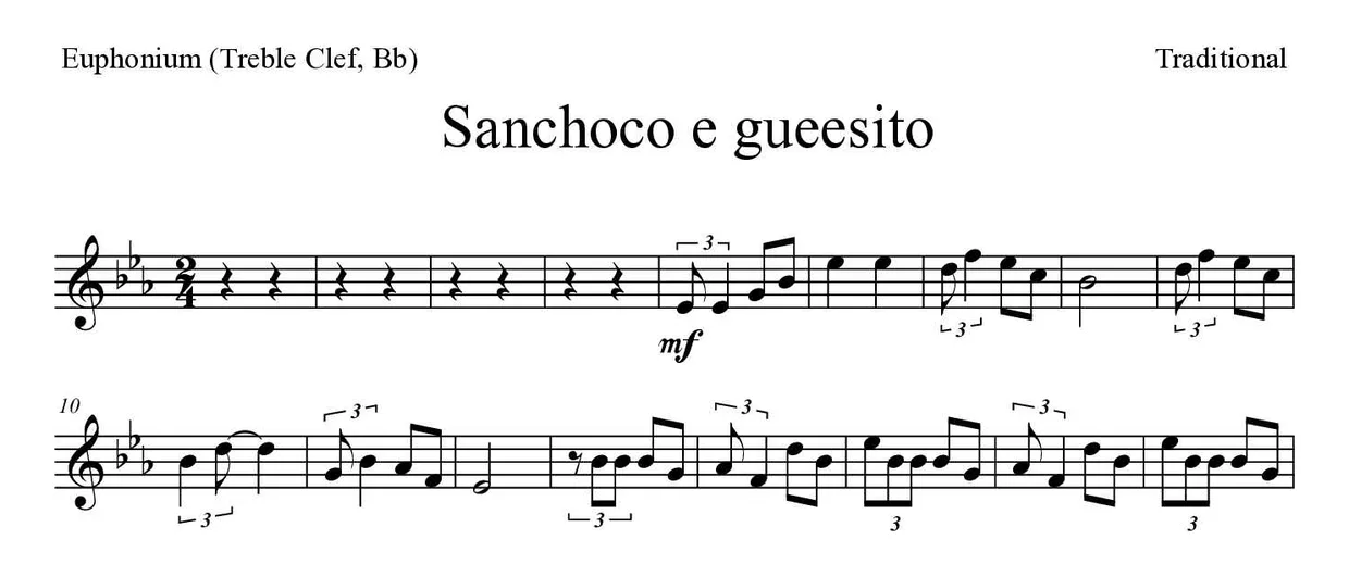 Spartito di Sanchoco e gueesito per euphonium (treble clef, Bb), prime righe