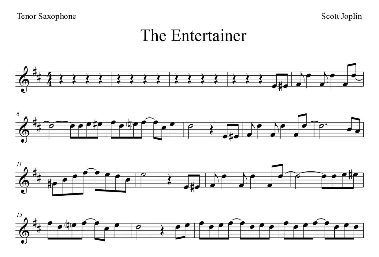 Sheet music of The Entertainer for tenor saxophone (Expert), first lines