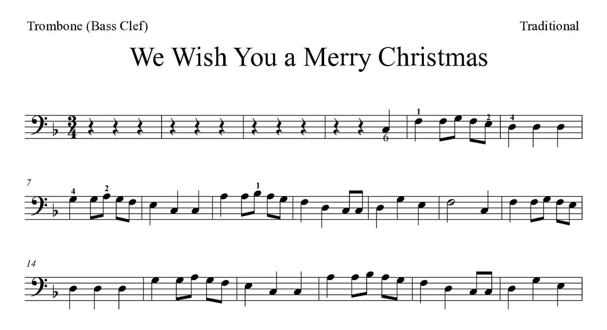 ‘We Wish You a Merry Christmas’ Trombone 악보의 첫 몇 줄