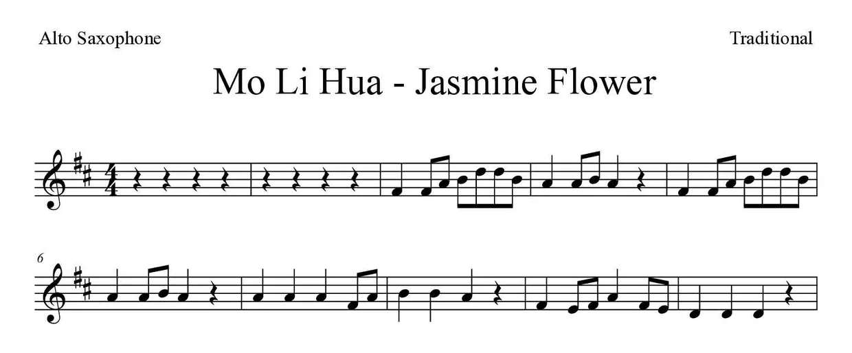 ‘Mo Li Hua - Jasmine Flower’ Alto Saxophone 악보의 첫 몇 줄