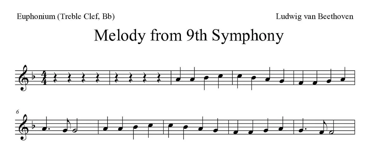 「Melody from 9th Symphony」Euphonium (Treble Clef, Bb)用楽譜の最初の数段