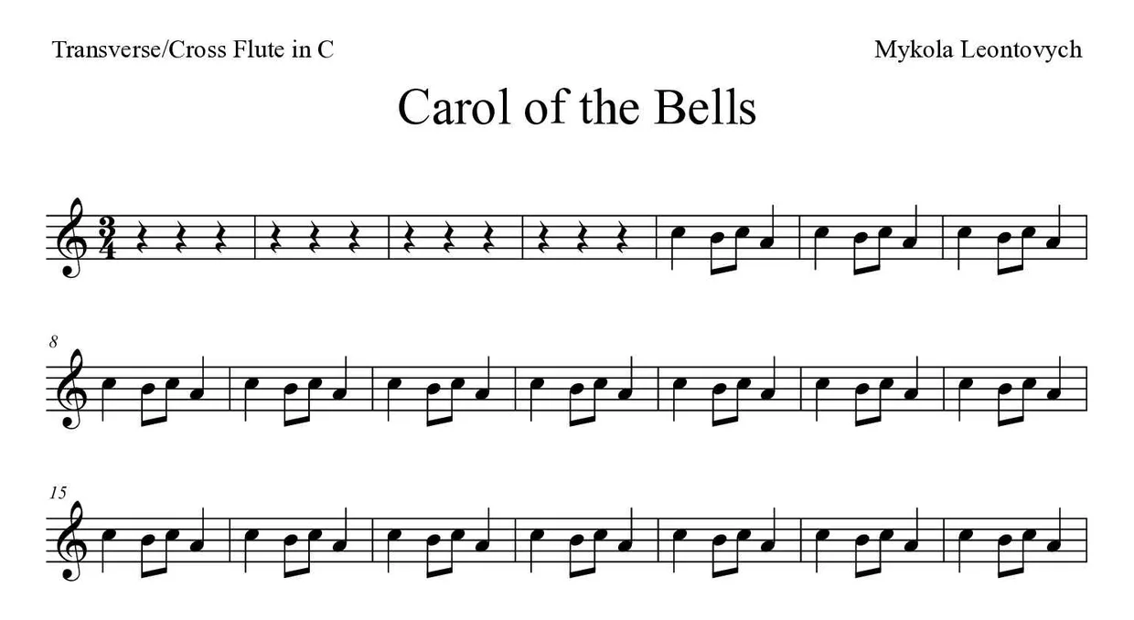 Sheet music of Carol of the Bells for flute (Hard), first lines