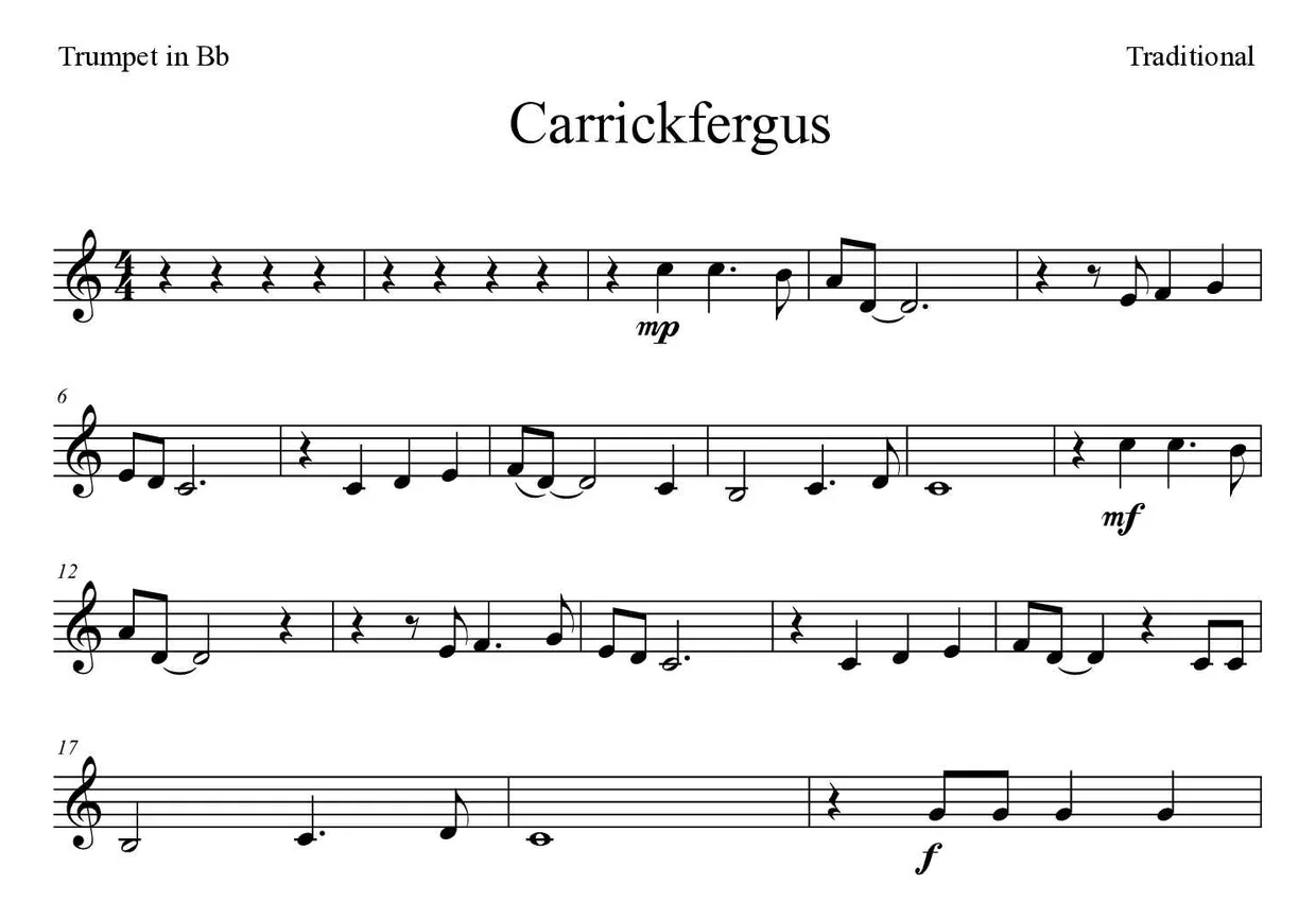 ‘Carrickfergus’ Trumpet in Bb 악보의 첫 몇 줄